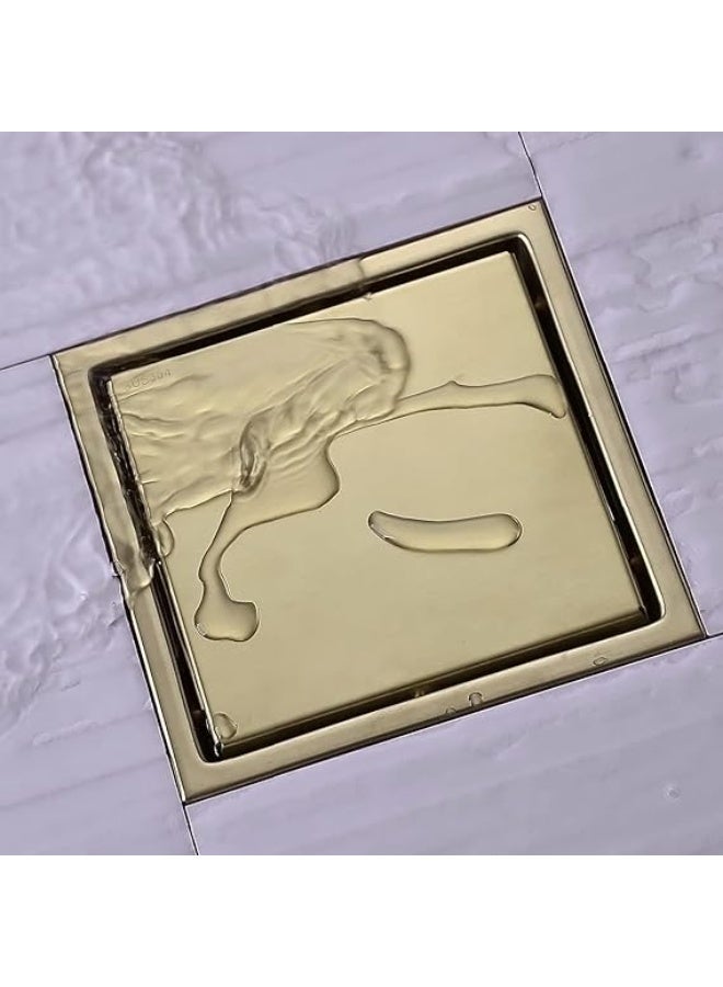 المفتاحة فتحة تصريف أرضية مربعة الشكل مقاس 6 بوصات، غطاء شبكي مخفي يُركّب داخل البلاط، بلمسة نهائية ذهبية مصقولة، مصنوعة من الفولاذ المقاوم للصدأ SUS 304، قابلة للإزالة ومقاومة للصدأ، مناسبة للحمامات أو غرف الاستحمام الرطبة. - Image 2